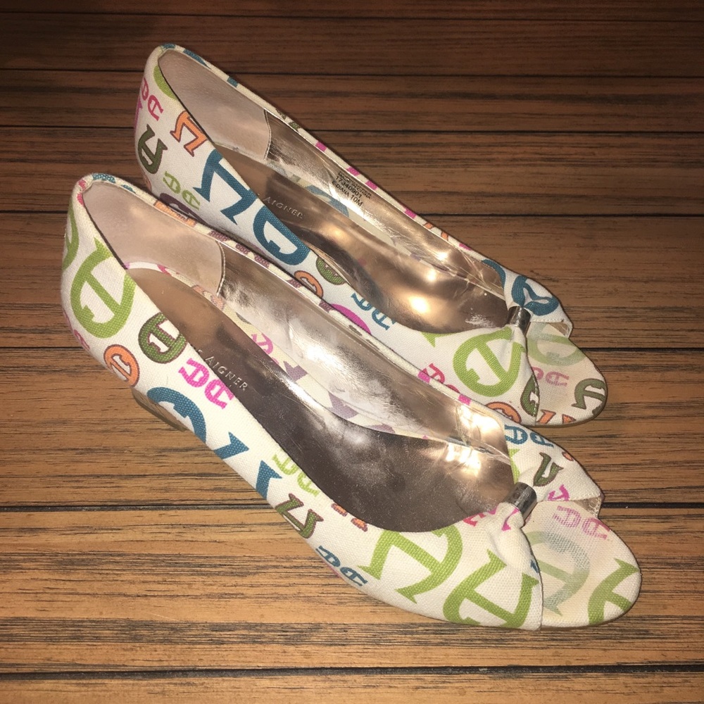 Etienne Aigner multi colored peep toe wedge